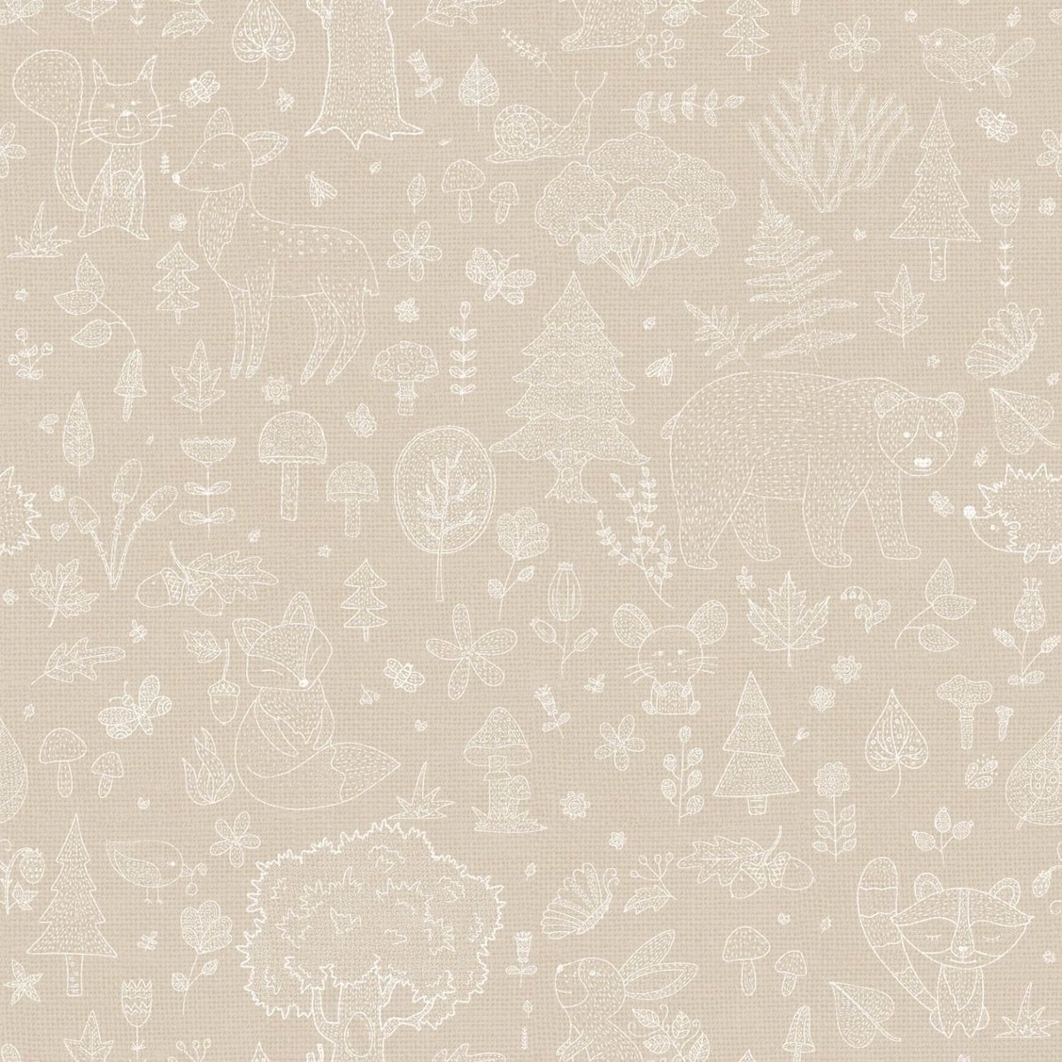 Behang - Bosdieren - Dieren Silhouetten - Babykamer Neutraal - Beige - Kinderkamer - Dierenbehang - Beer Hert Vos - 0,53 x 10,05 M - Happy