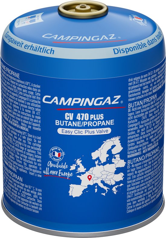 Blauwe Campingaz gascartouche met goudkleurige dop en de tekst 'Campingaz CV 470 Plus Butane/Propane'. Een kaart van Europa is zichtbaar.