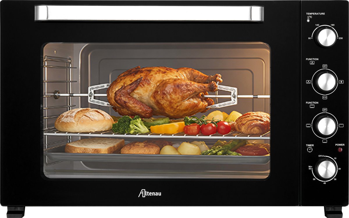 ALTENAU Elektrische Oven 58L – 2000W – Convectie & Rotisserie – Dubbele Glazen Deur