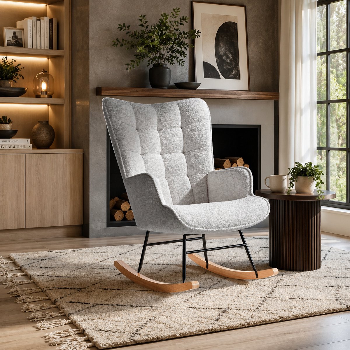 Schommelstoel hout - Relaxstoel babykamer Met kussen - Fauteuil - Voedingsstoel - Roomwit - met armleuningen en rugleuning - Teddy Lichtgrijs