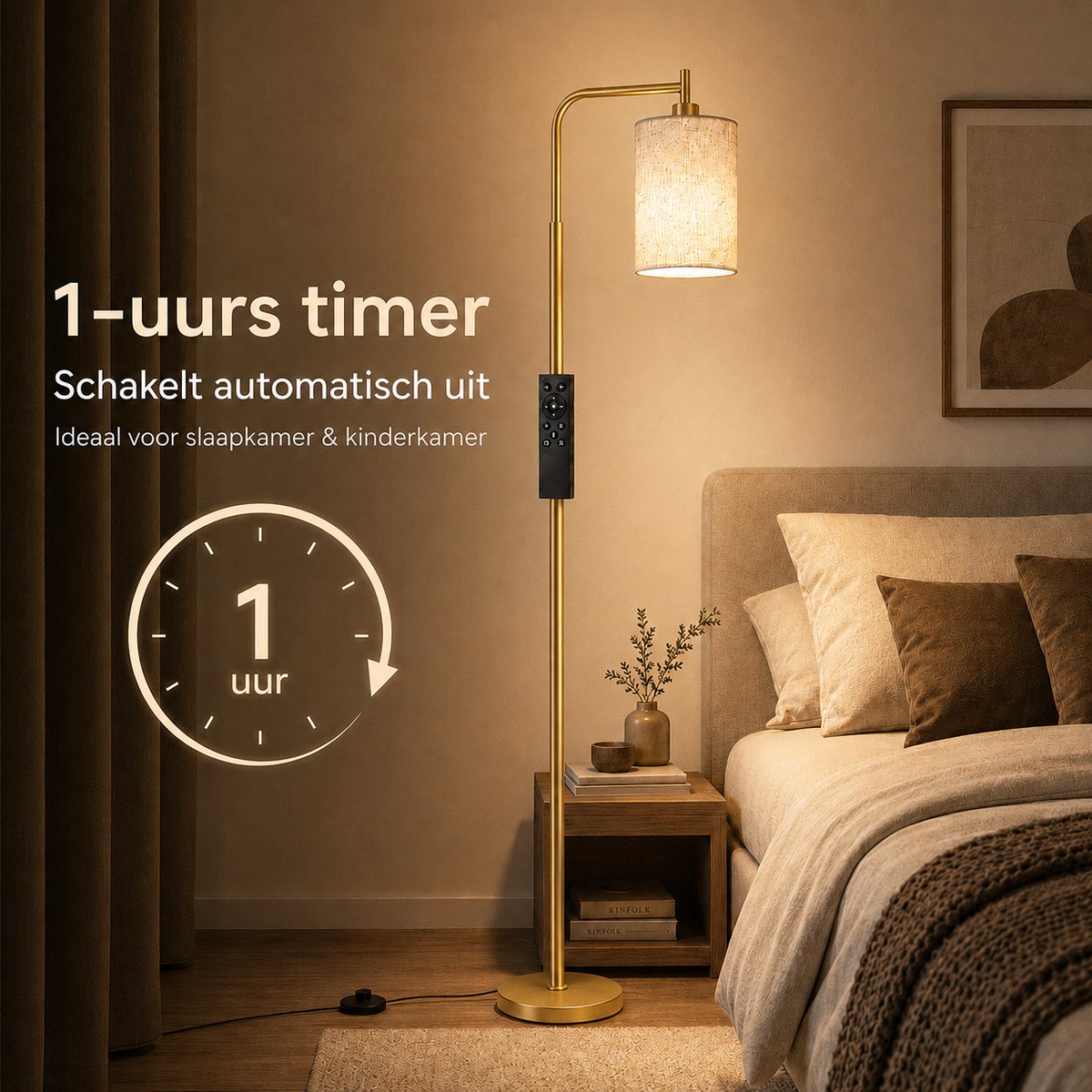 Rosnek Staande Lamp met Linnen Lampenkap - Dimbare LED Vloerlamp - met Afstandsbediening - Timer - Voetschakelaar - Slimme E27 Leeslamp voor Woonkamer Slaapkamer en Kantoor - H 165 cm - Goud thumbnail 4