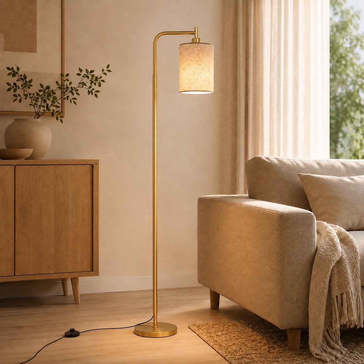 Rosnek Staande Lamp met Linnen Lampenkap - Dimbare LED Vloerlamp - met Afstandsbediening - Timer - Voetschakelaar - Slimme E27 Leeslamp voor Woonkamer Slaapkamer en Kantoor - H 165 cm - Goud thumbnail 6