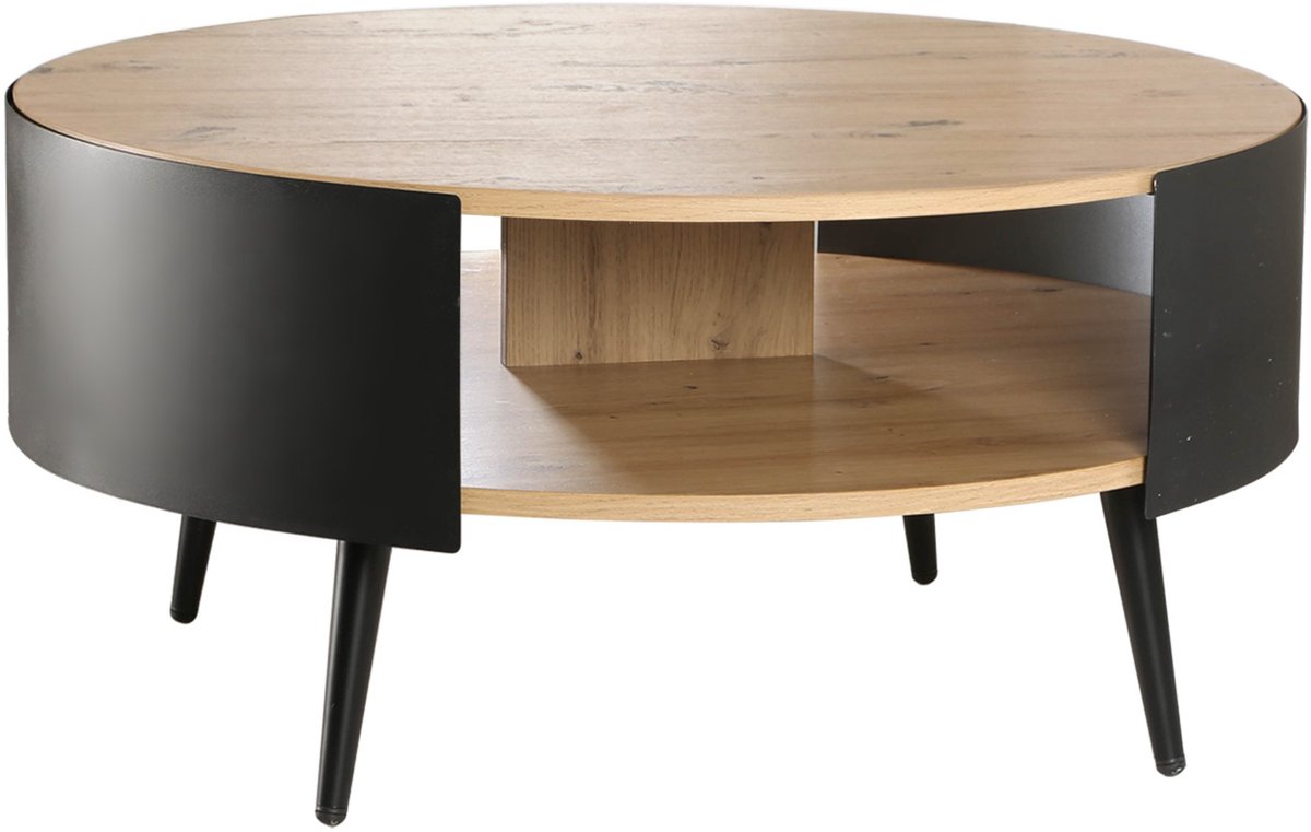 CALICOSY - Ronde salontafel 2 niveaus bestaande uit zwart metalen zijwand 80x80x39cm