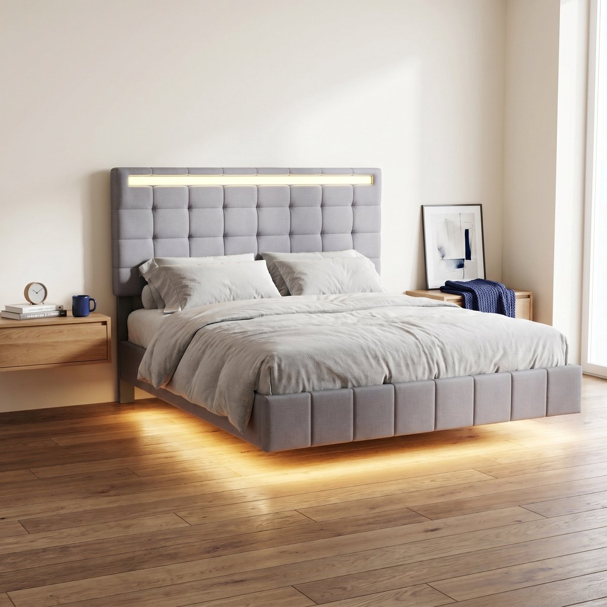 Tweepersoonsbed 140x200 cm - Zwevend Bed met LED-verlichting en 2 USB-poorten - Gestoffeerd Bed van Linnen - Moderne Stijl - Grijs