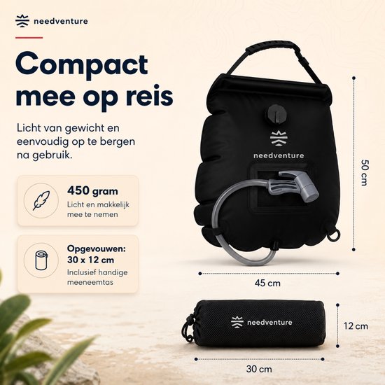 needventure® Solar Douche - Camping Douchezak - Buiten Douche - Tuindouche - Inclusief Thermometer - Waterzak Met Douchekop - 20L - Zwart