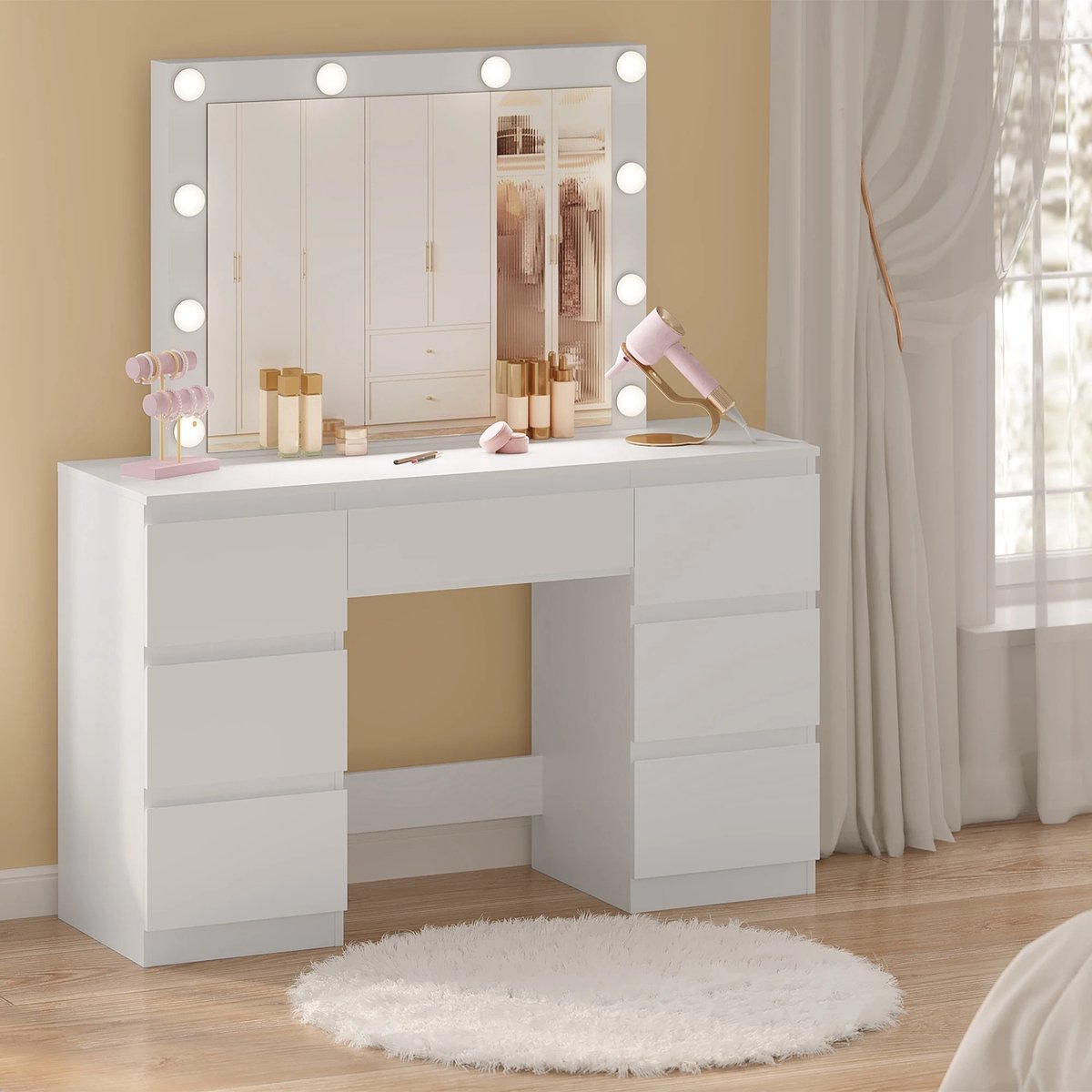 Cventrix Kaptafel met spiegel - Dressoir - Ladekast met spiegel - Hollywood verlichting - Bijzet tafel - Make-up tafel met lades