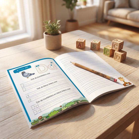 Open werkboek van DotasToys op een houten tafel. Oefenen met de letter 'D' en de duif. Houten blokken met letters A, B, C, E op de achtergrond.