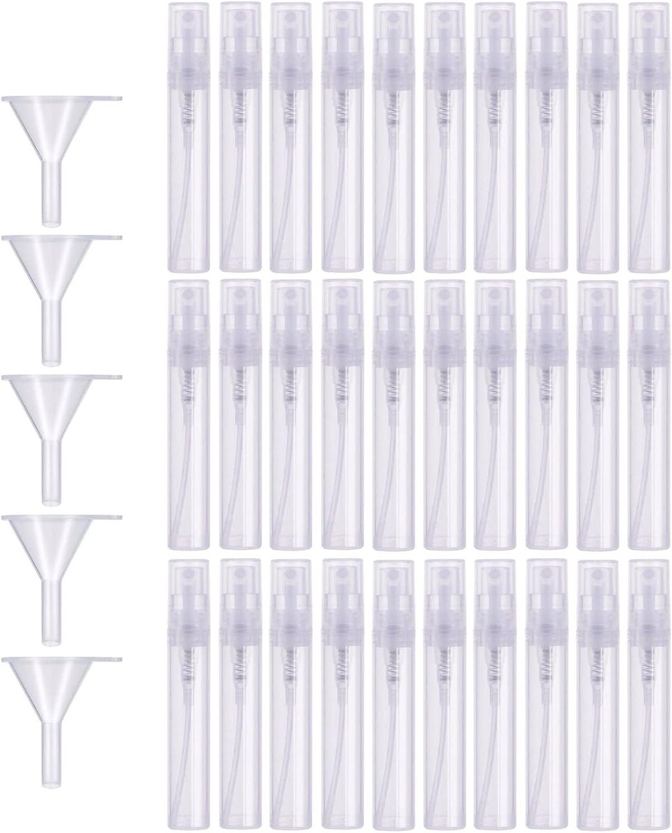 Set van 30 Mini Spray Flacons van 5 ml - Duidelijke Plastic Atomizers voor Parfum, Lichaamsverzorging en Cosmetica - Inclusief 5 Trechters voor Gemakkelijk Vullen