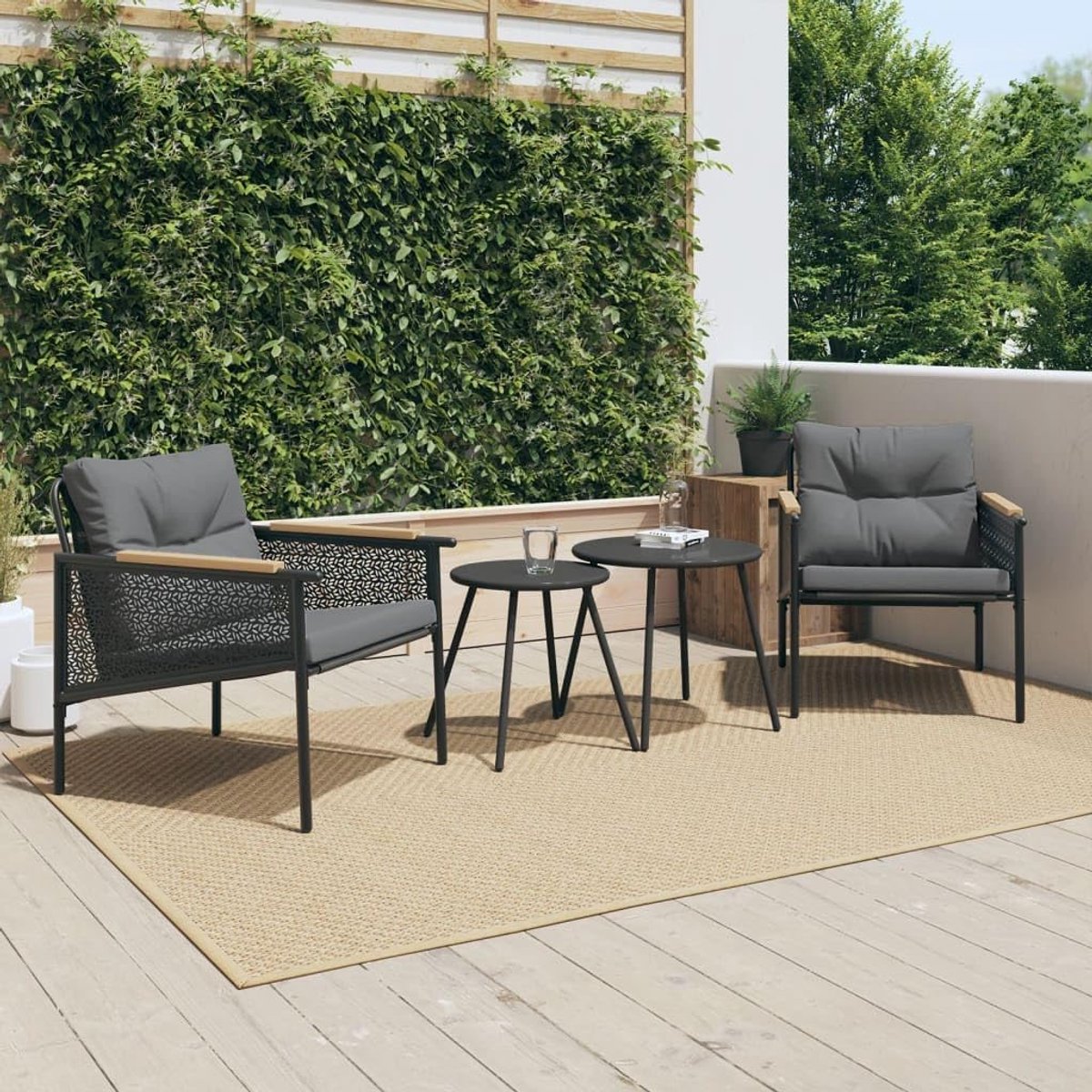 Luxe Outdoor Textilene Tuinstoelen met Kussens Set van 2 – Zwart Staal Weerbestendig en Comfortabel