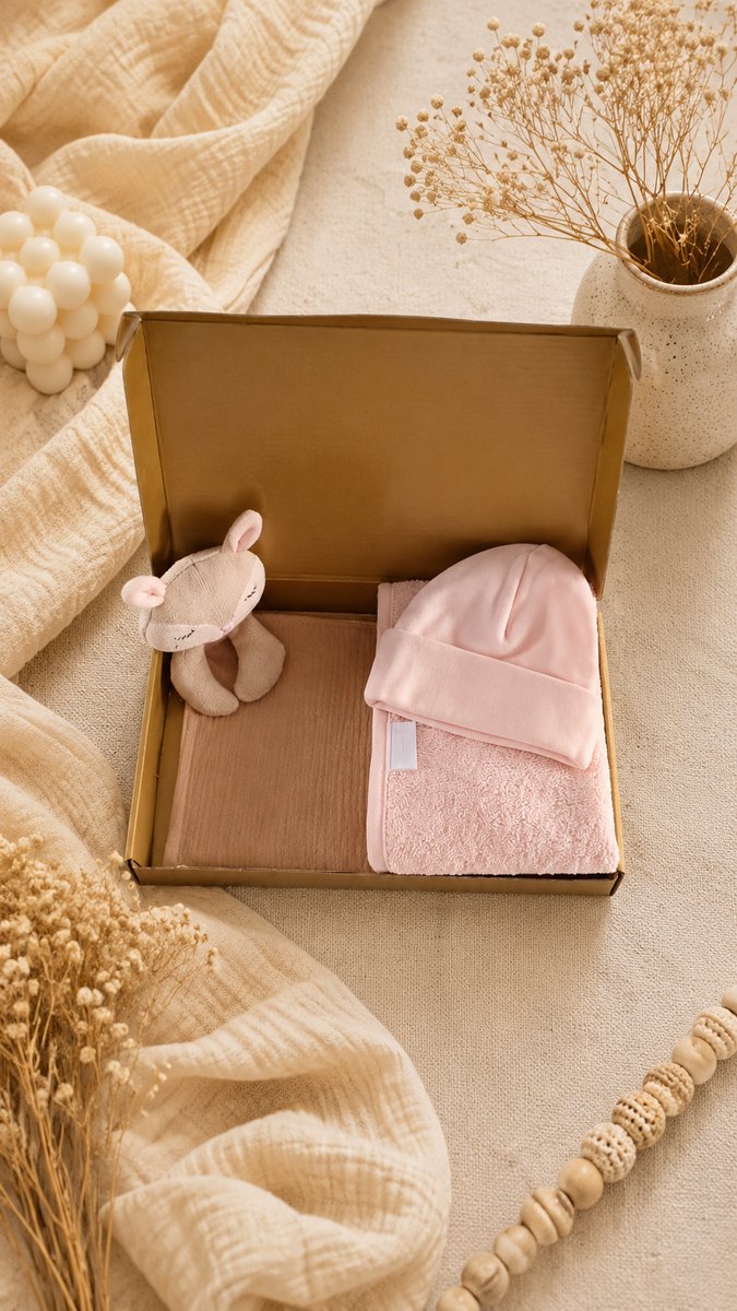 Kraampakket beige / lichtroze – Hydrofiele Knuffeldoek, Baby Mutsje & Slab – baby meisje – babyshower – Luxe Gouden Geschenkverpakking – Brievenbus Kraamcadeau