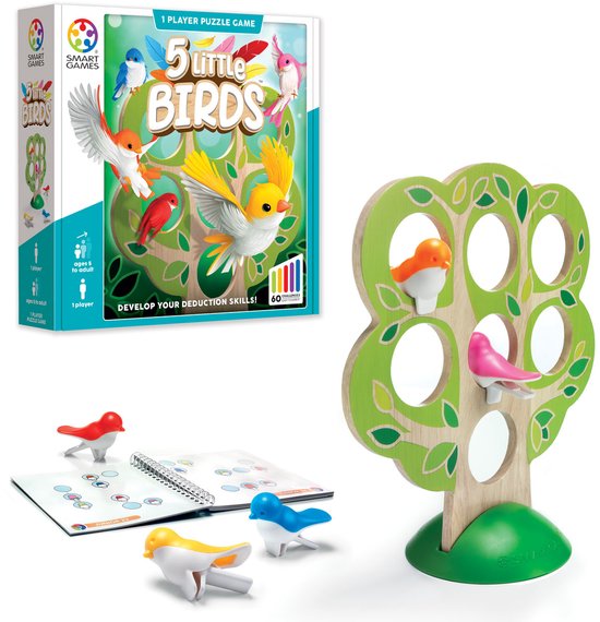 SmartGames - 5 Little Birds - breinbreker met 60 opdrachten - houten educatief spel kleuters en lagere school - denkspel - logica - lente - vogels - nest