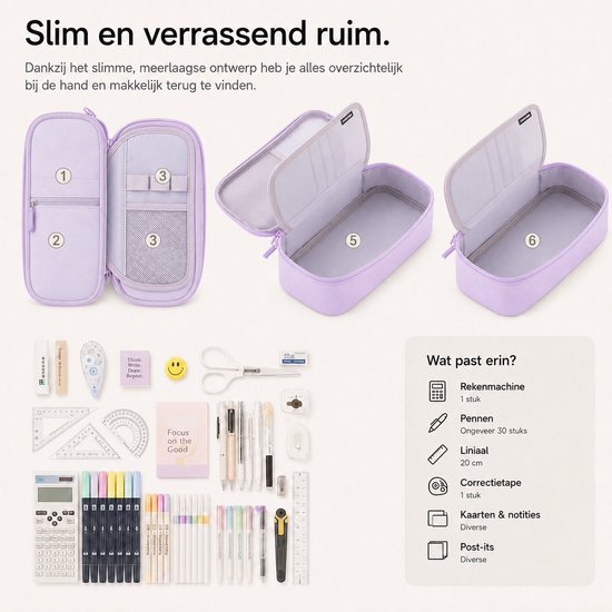 Paars etui, open en gesloten, met pennen, een rekenmachine en schrijfwaren.