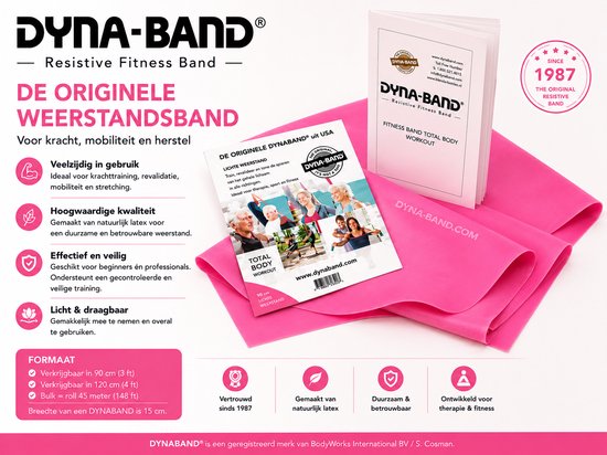 Originele DYNABAND® Roze 90 cm | LICHTE WEERSTAND | Weerstandsbanden | Resistance Band | Fitness elastiek | Weerstandband | De originele DynaBand | Rekt meer dan 250% | Breekt niet! | Geschikt voor alle leeftijden en elk sportniveau.