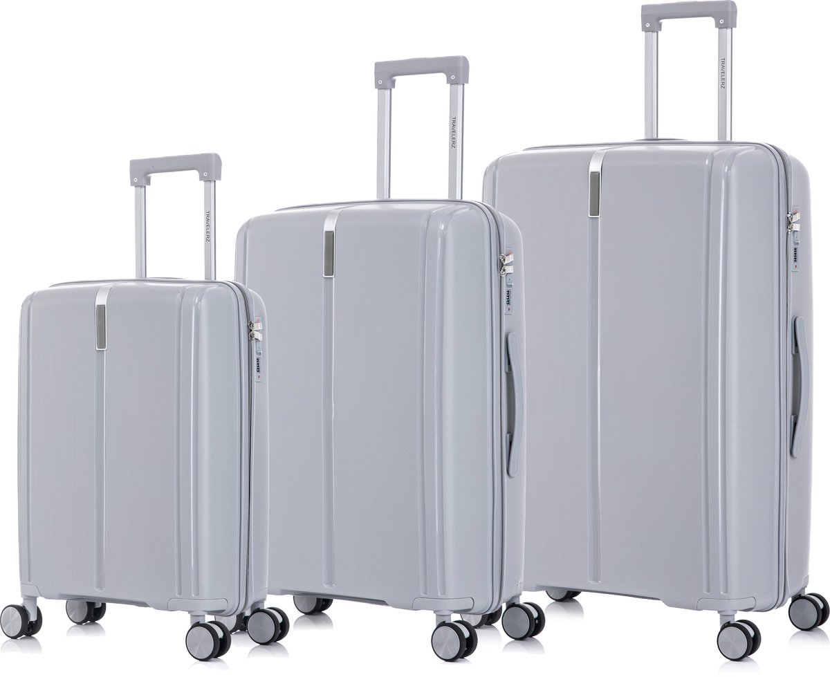 TRAVELERZ - Valencia - 3 Delig kofferset - Handbagage 42L - Medium koffer 67L & Grote koffer 97L - Polypropyleen - Harde schaal - Cijferslot - Lichtgewicht - Flexibel - Duurzaam - Dubbele wielen - Spinner wielen - Asgrijs