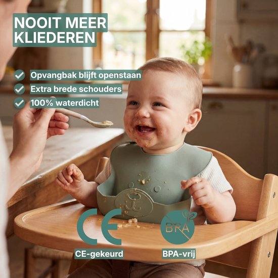 Broemba Siliconen Slabbetjes met Opvangbak - Set van 2 Stuks - Slabber voor Baby - Opvouwbare Slab - Groen / Blauw van Broemba — afbeelding 2