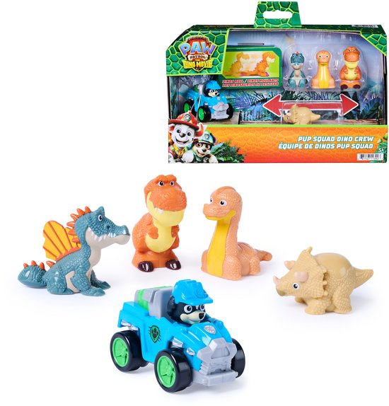 Set met een blauwe raceauto met Rex en vier dinosaurusfiguren.