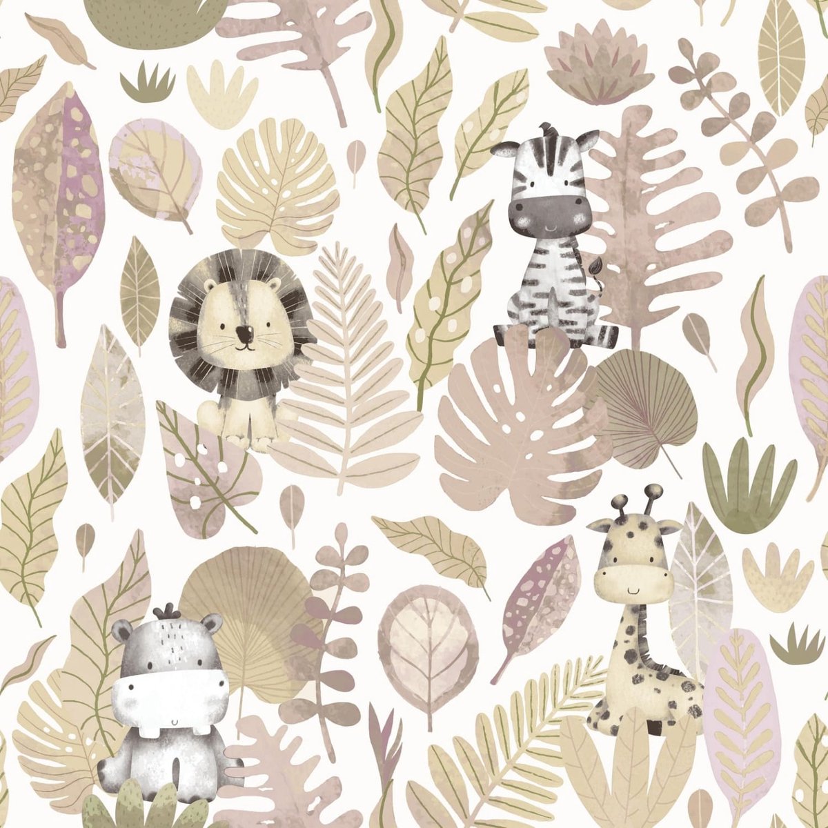 Behang - Jungle Dieren - Aquarel - Babykamer Meisje - Wit Roze - Kinderkamer - Safari Behang - Nijlpaard Zebra Leeuw Giraf - 0,53 x 10,05 M - Happy