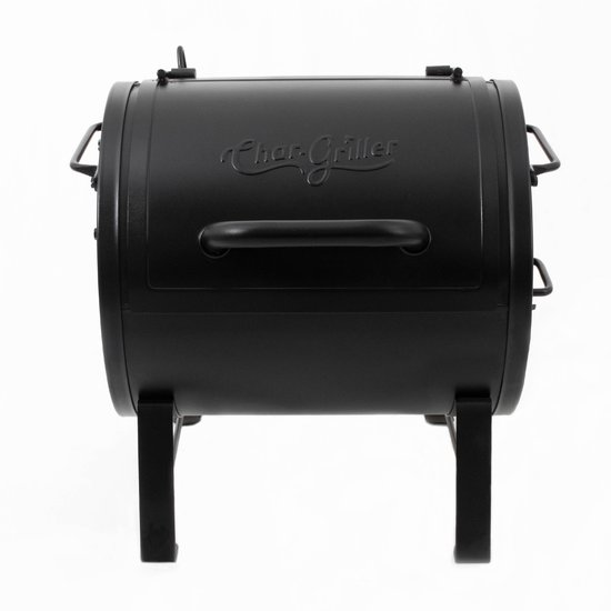 Zwarte Char-Griller barbecue op poten, van voren gezien.