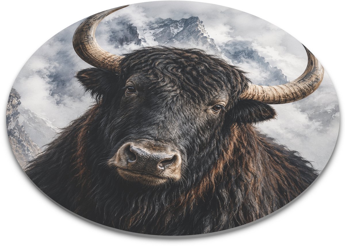 Ronde muismat - Jak (Bos mutus) - Stoere Aquarel Wildlife Illustratie met Ruige Vacht en Brede Horens in Berglanschap - Unieke Bureau Decoratie en Onderlegger