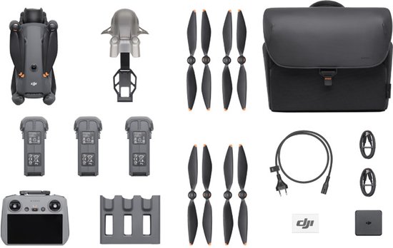 DJI Mavic 4 Pro Fly More Combo accessoires: drone, controller, batterijen, propellers, tas.