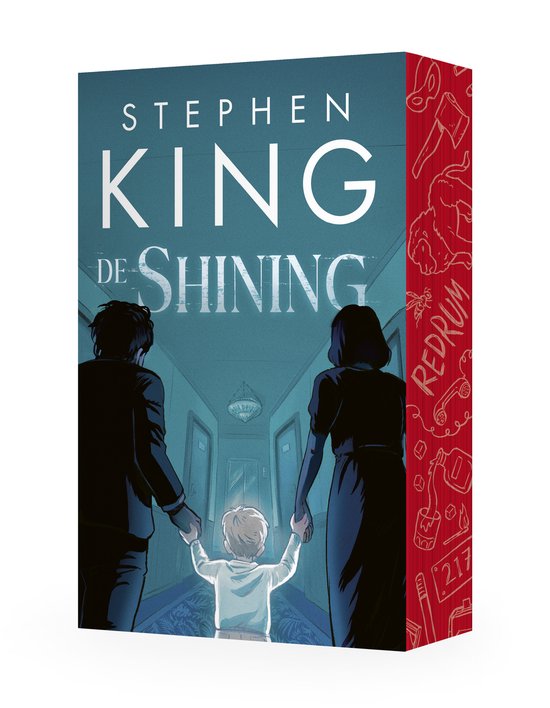 Boek 'De Shining' van Stephen King, met op de voorkant een gezin op een gang. Zijkant met rode illustraties.