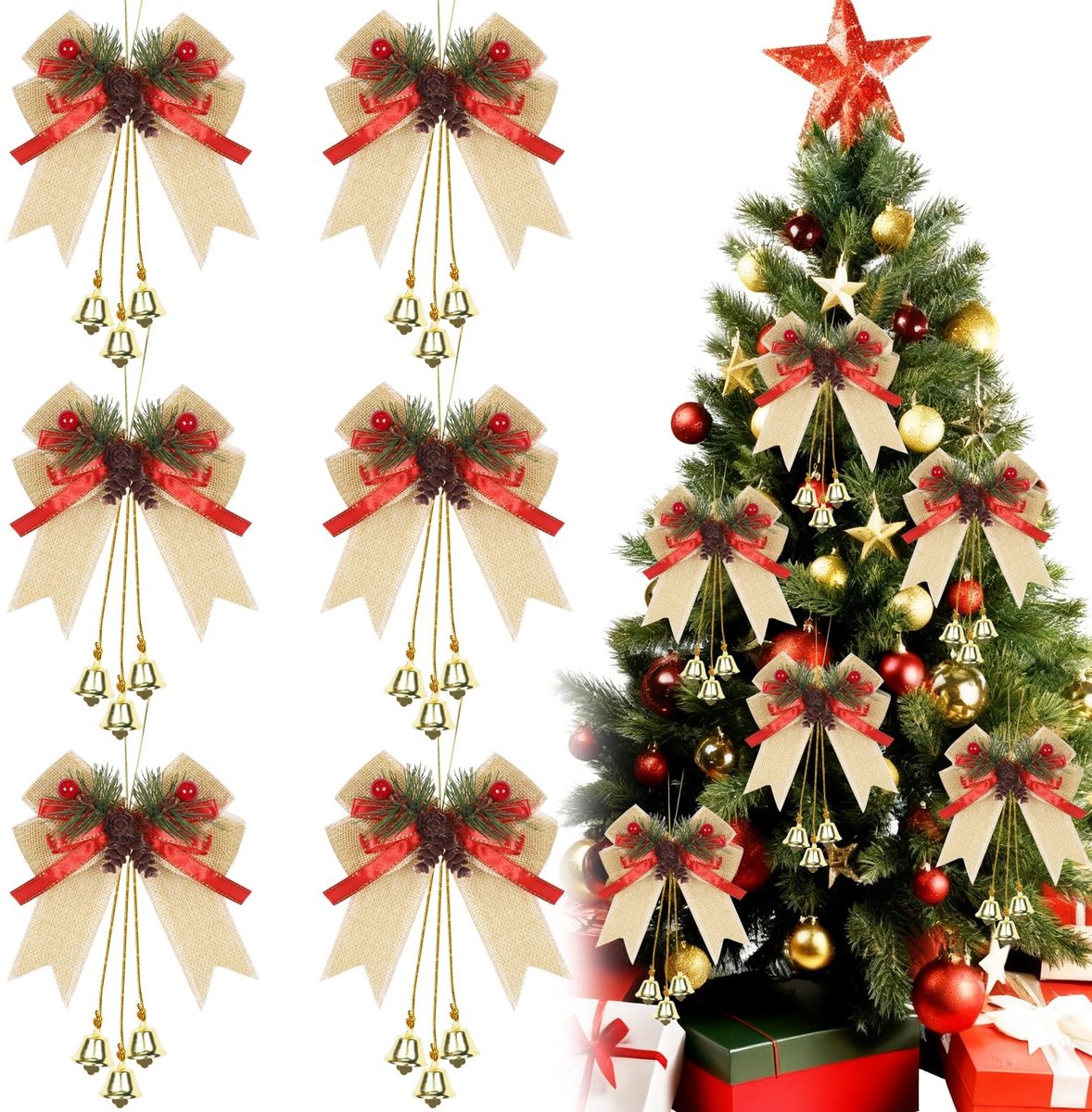 Dailygoods- Kerststrikken 6 Stuks - Kerstboomdecoratie - Hangende Strikken - Versiering met Dennenappels/Bellen - Slinger/Open Haard - Feestelijk Ontwerp - Kerstdecoratie