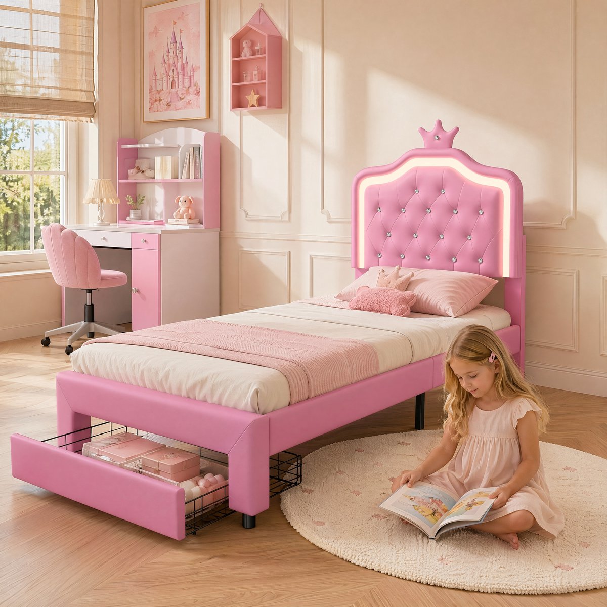 SHOPENTRA Kinderbed 90x200 cm Roze – Meisjesbed met Kroon Hoofdbord, LED-Verlichting, Opberglade en Lattenbodem
