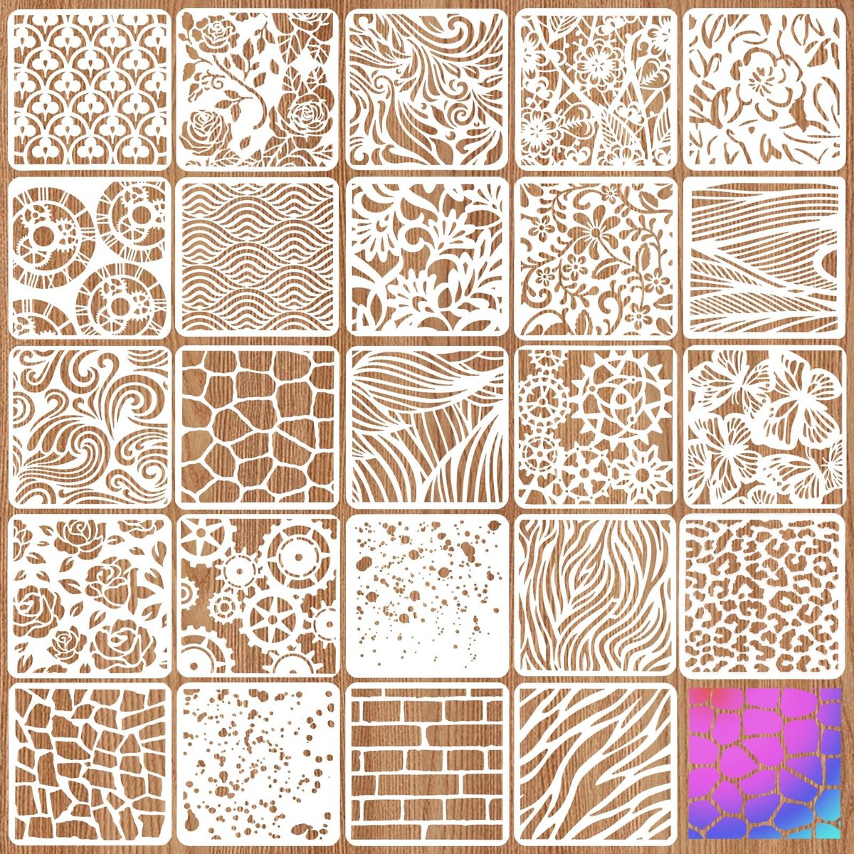 Dailygoods- Schildersjablonen 24 Stuks - Gemengde Textuur - Geometrische Stencils - Herbruikbare Overlay - 10 cm x 10 cm - PET Materiaal