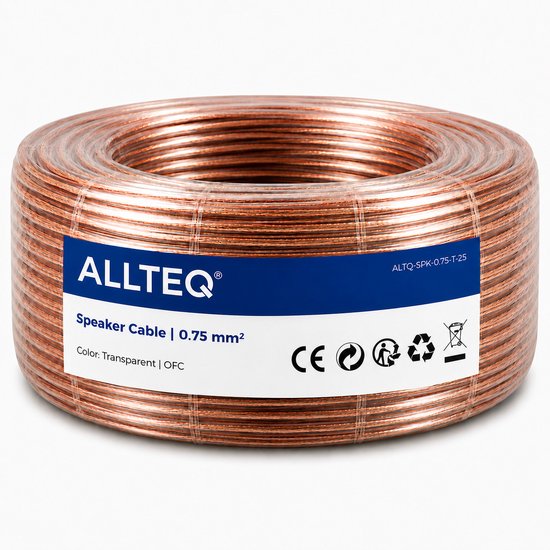 Een rol Allteq luidsprekerkabel, 0.75 mm², transparant, OFC.