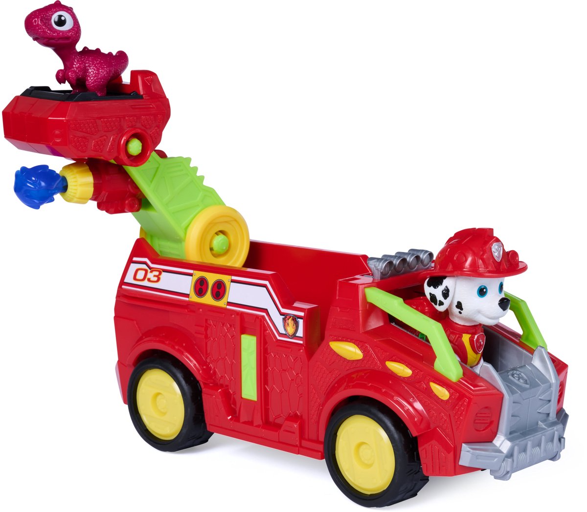 PAW Patrol - De Dino Film - Marshall Dino Rescue Firetruck - Volledig ronddraaiende projectielwerper en 2 actiefiguren — cadeau in Spellen & Speelgoed - foto 4