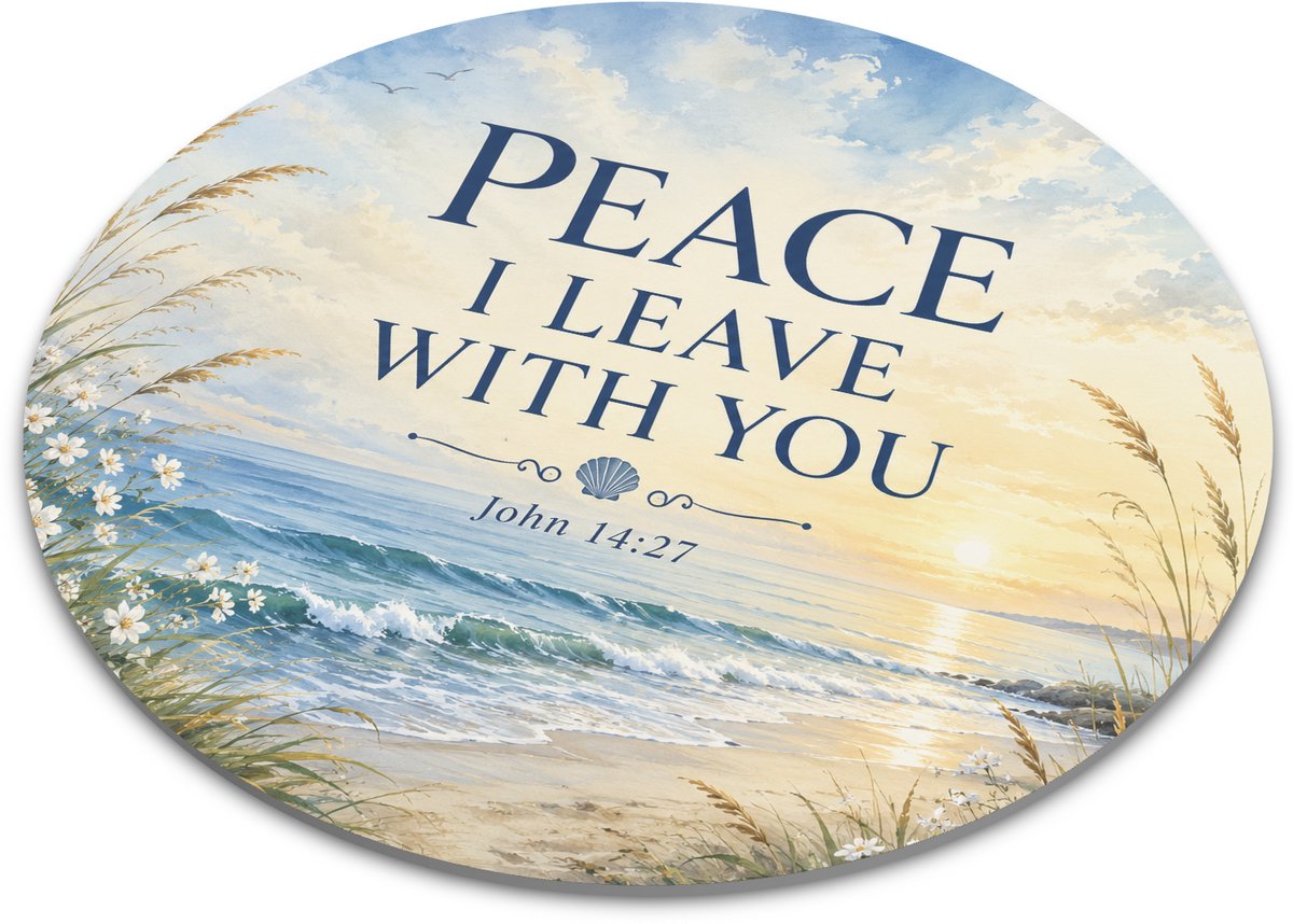 Ronde muismat met bijbeltekst Peace I Leave With You - John 14:27, zee, strand, kustgras, witte bloemen en rustige christelijke aquarel