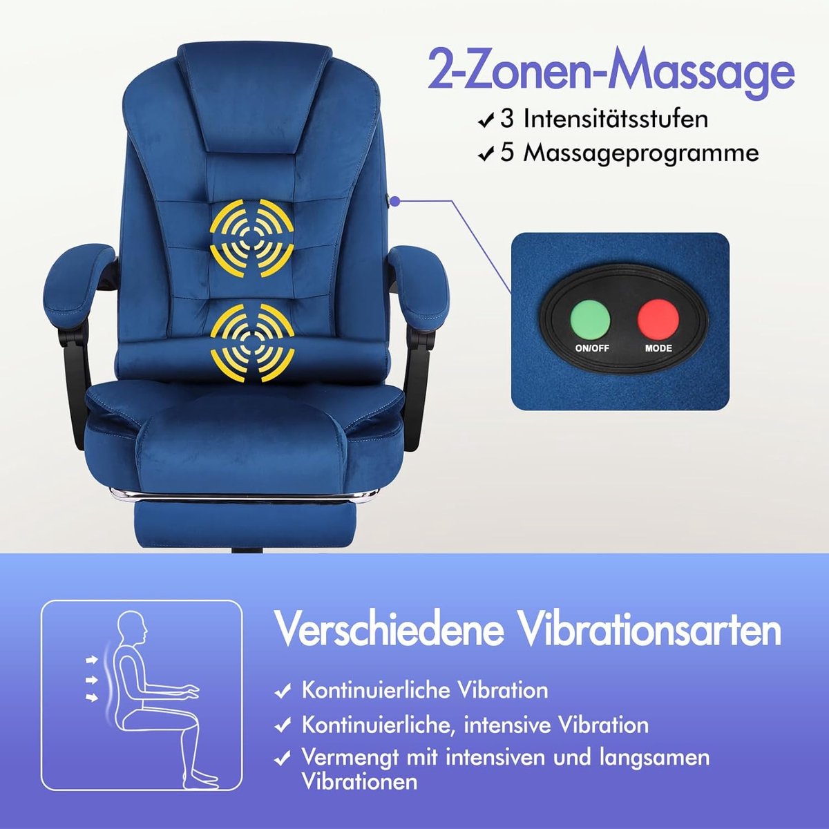 Ergonomische massage bureaustoel met voetensteun – House&Garden Directiestoel tot 180 kg – 150° kantelbare gaming & kantoorstoel met hoge rugleuning, verstelbare zithoogte en lendensteun – Suède Blauw