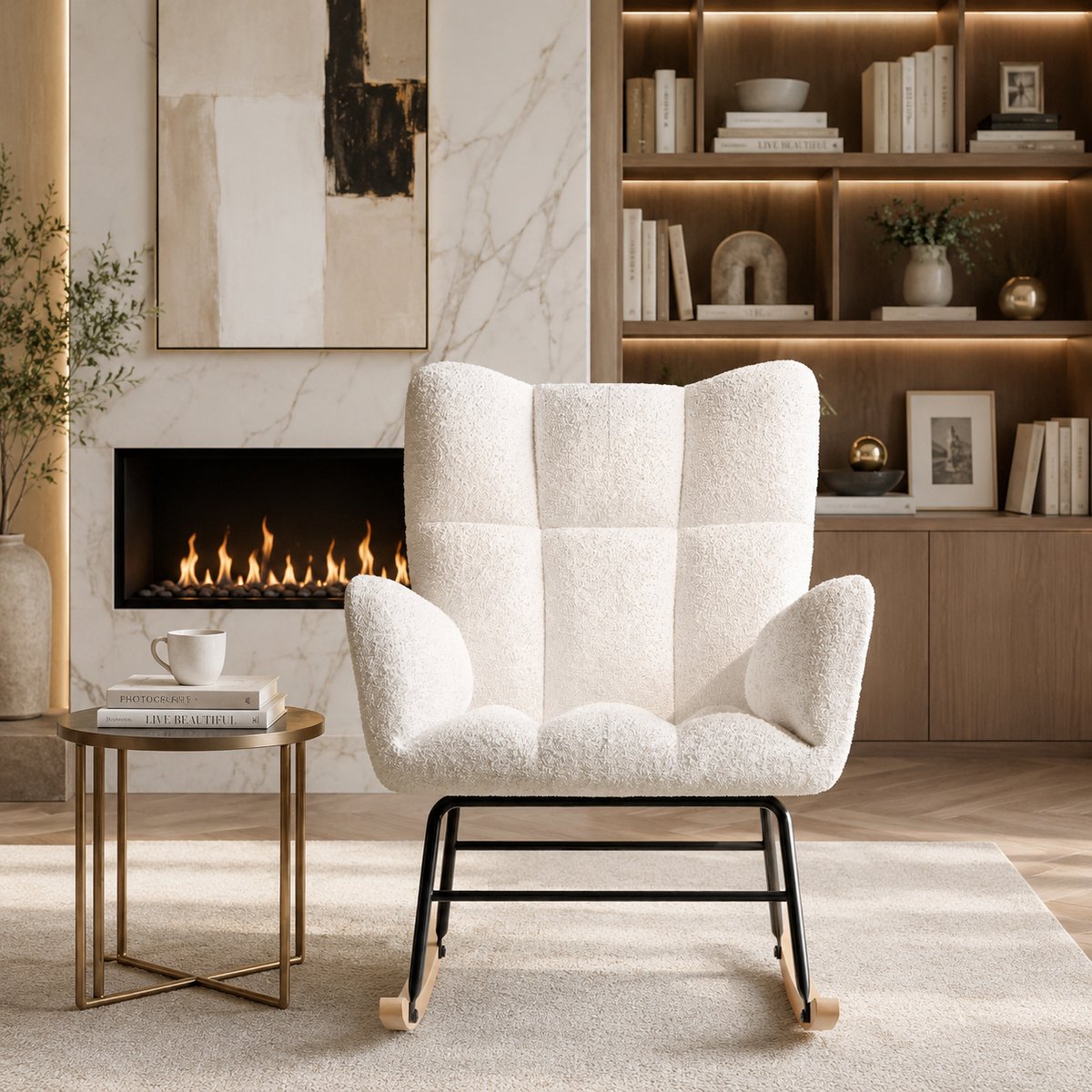 Schommelstoel van zachte pluche stof - Relaxstoel babykamer - Met armleuningen en rugleuning - Fauteuil - Voedingsstoel - voor woonkamer, slaapkamer - Beige