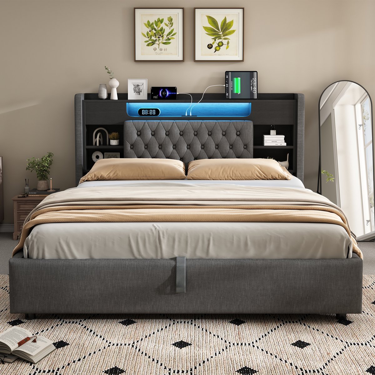 MODENUIT Gestoffeerd bed 140x200 cm – Hoofdbord met LED en laadpoorten – Hydraulische opbergruimte – Zonder matras – Linnen – Grijs