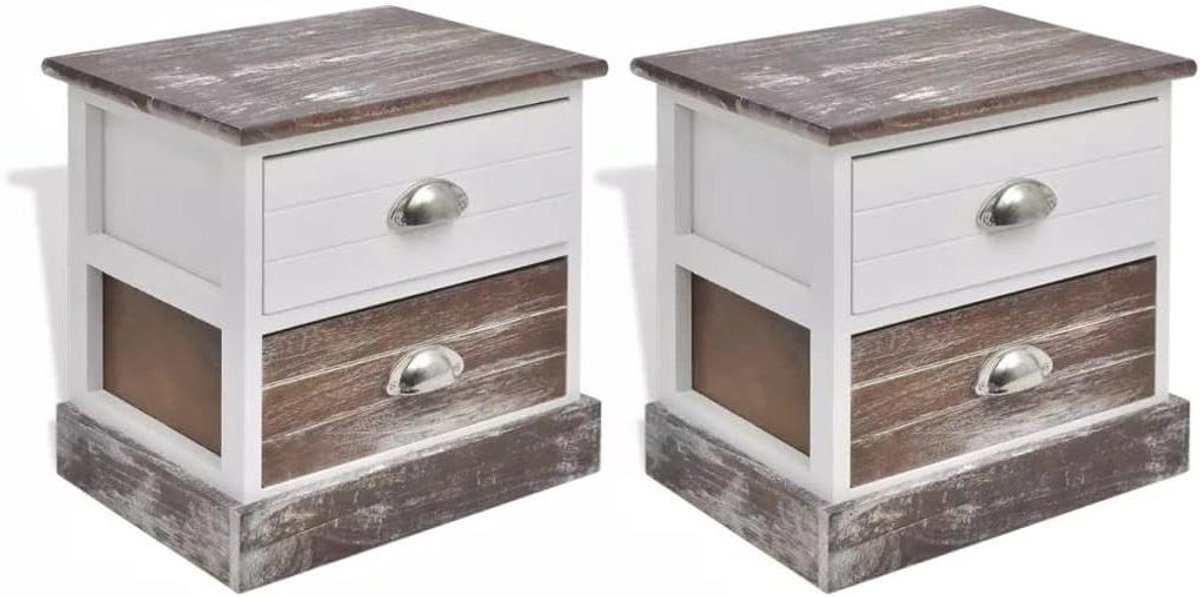 Nachtkastjes Set - Slaapkamer Meubels - Opbergen Slaapkamer - Landelijk Design - 38x28x38 cm - Bruin Wit