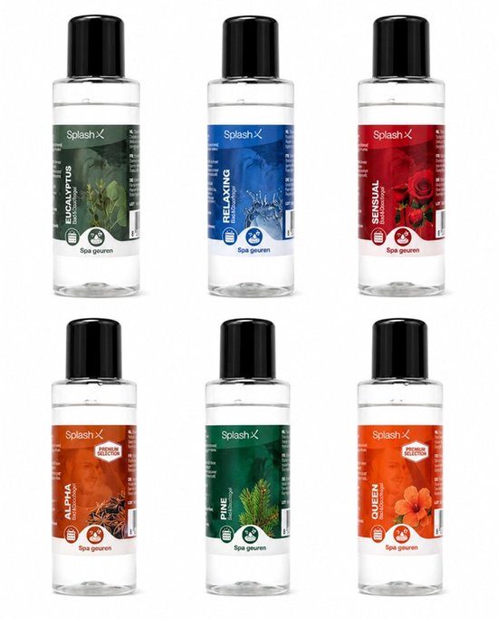 Zes flacons Splash-X: Eucalyptus, Relaxing, Sensual, Alpha, Pine, Queen spa geuren.