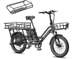 FAFREES 20 inch elektrische fiets met kinderzitjes en voorkorf – E-fiets – E-Bakfiets24Ah accu – maximaal 200kg draagvermogen – max 25km/u – Familie Longtail E-Cargo Bakfiets –tot 140km – voor gezinsuitjes en dagelijkse boodschappen –Zwart