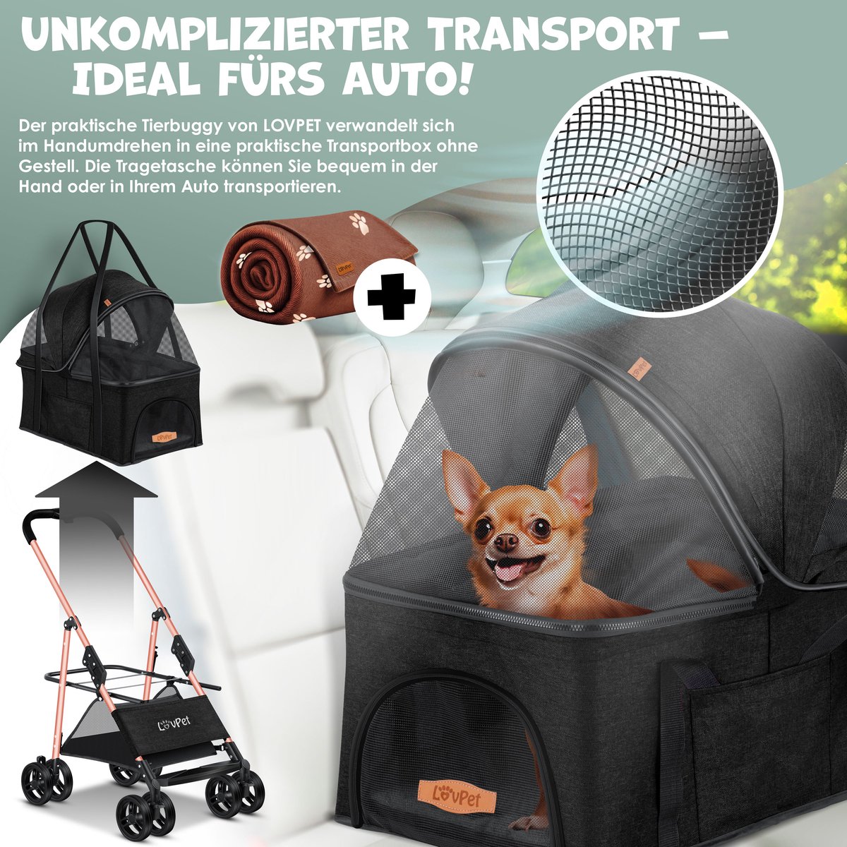 LOVPET® Hondenbuggy 2in1 Huisdieren Wandelwagen Buggy met Transporttas Opvouwbaar tot 20 kg Hondenwandelwagen met Gaasramen & Regenhoes Jogger Kattenbuggy voor Kleine Honden Katten Hondenbox - Zwart – foto 2