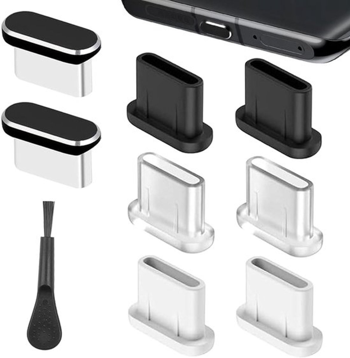 USB C stofkapjes voor iPhone 15/16-series - 8 stuks - Stofbescherming en reinigingsborstel - Laadbus bescherming