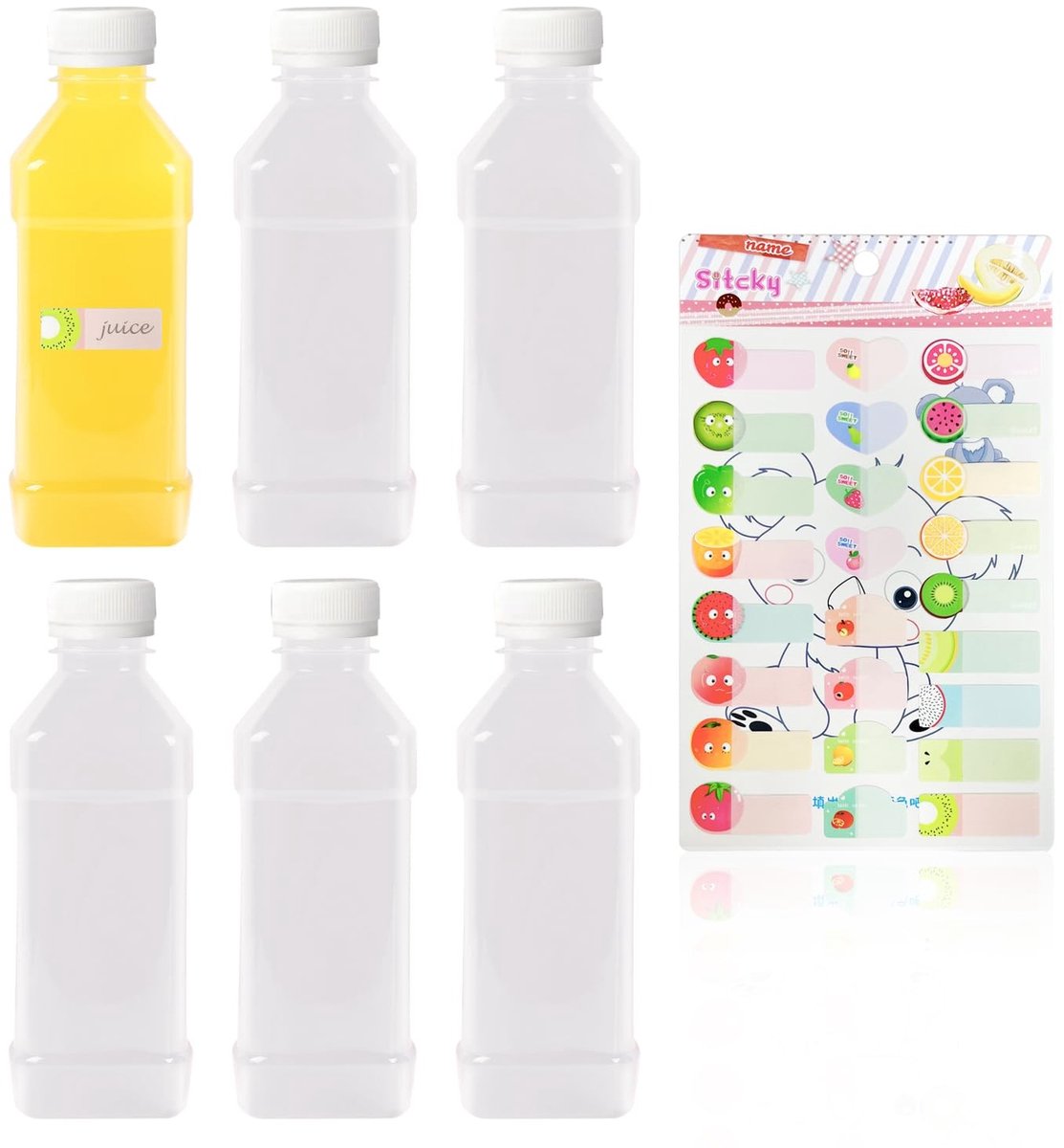 ZEYNOMAX- Sapfles Transparant - 250 ml - Set van 6 - Voedselveilig PET - Inclusief Fruitsticker - Lekvrij Deksel - Drankfles