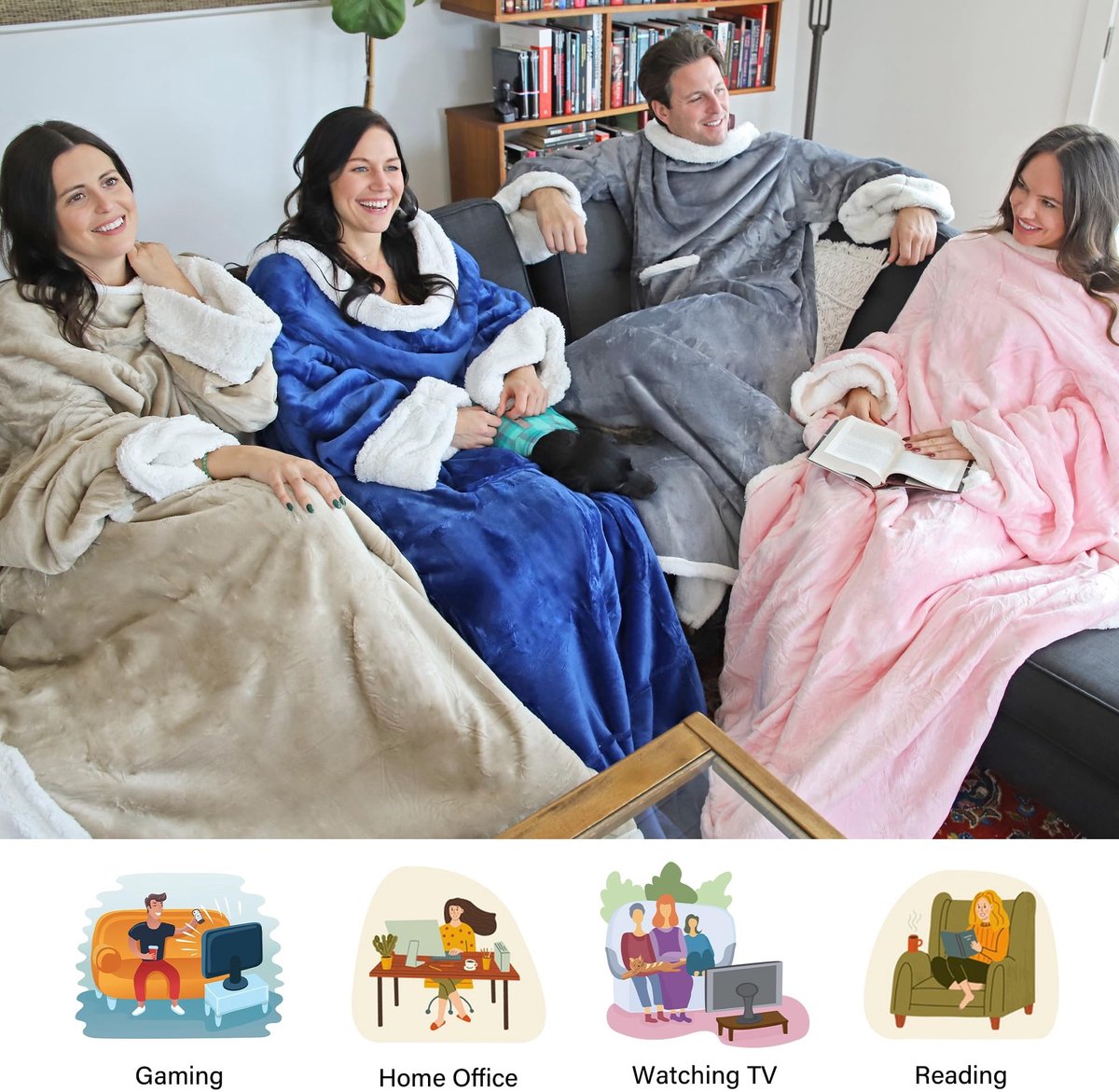 ZEYNOMAX - Stijlvolle deken met mouwen - Draagbare knuffeldeken - Blauw - Micropluche fleece - Warmte voor volwassenen - Ideaal voor winter en kerst