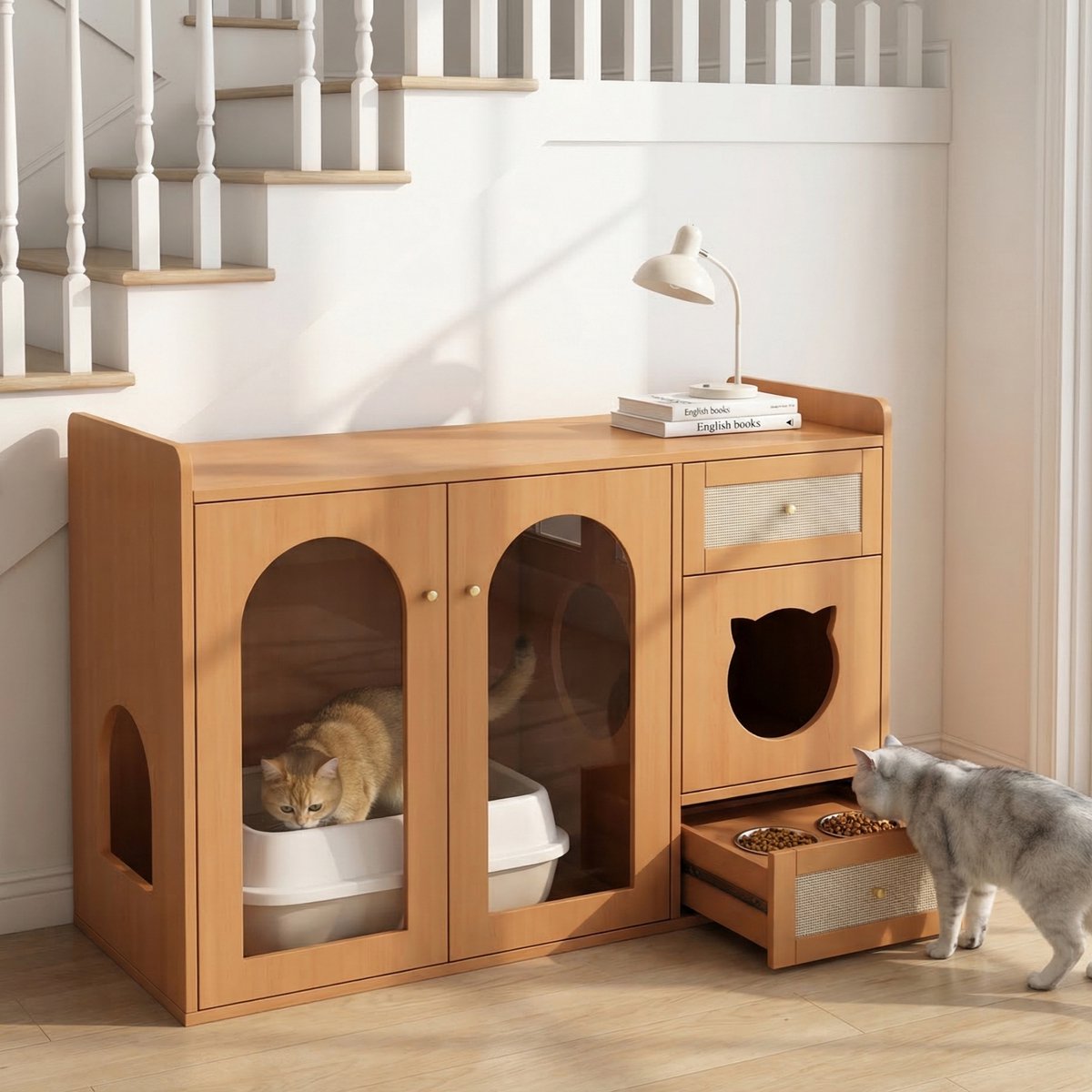 Kattenbak Kast - Multifunctioneel Kattenmeubel Met Opbergruimte - Walnootkleur - Verborgen Kattenbak En Voerstation