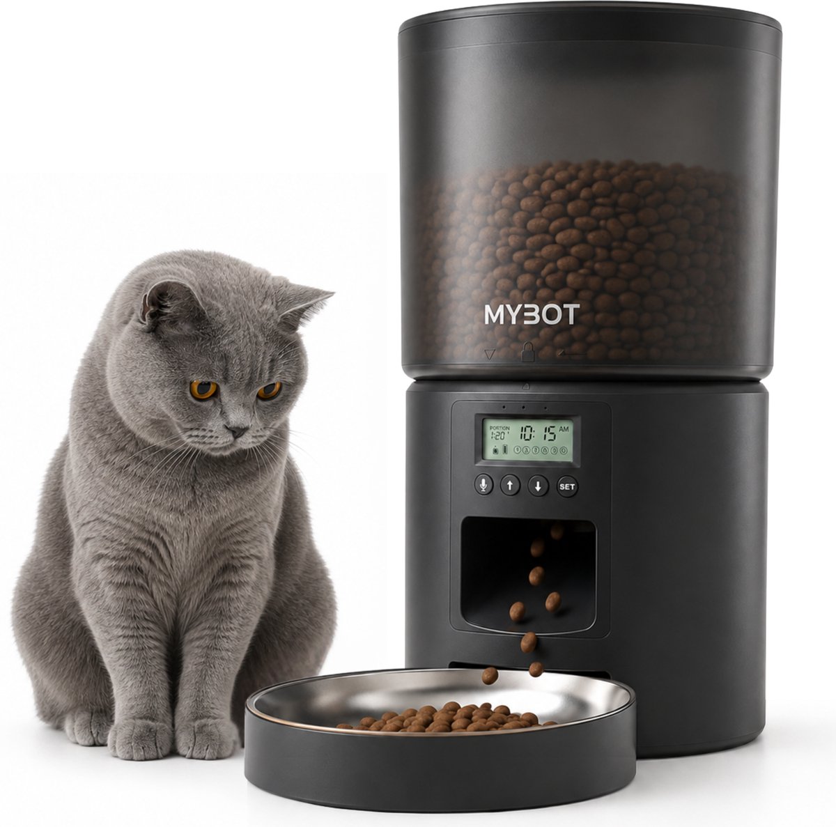MYBOT Automatische Voerbak - Kat en Hond - Voerautomaat 4L - Met RVS Voerbak en Spraakopname - Voor Droogvoer - Zwart - P2