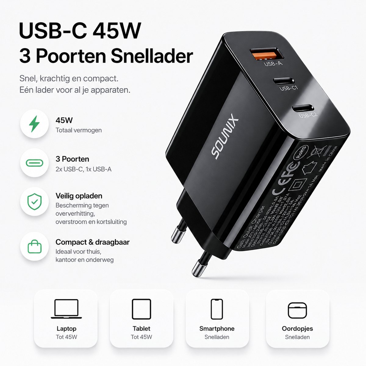 Snellader USB-C 45W - 3 Poorten Snellader - Usb Stekker - Usb Oplader - GaN oplader - 2x USB-C PD - 1x USB-A PD 22.5W - Zwart van Sounix — cadeau in Elektronica - foto 4