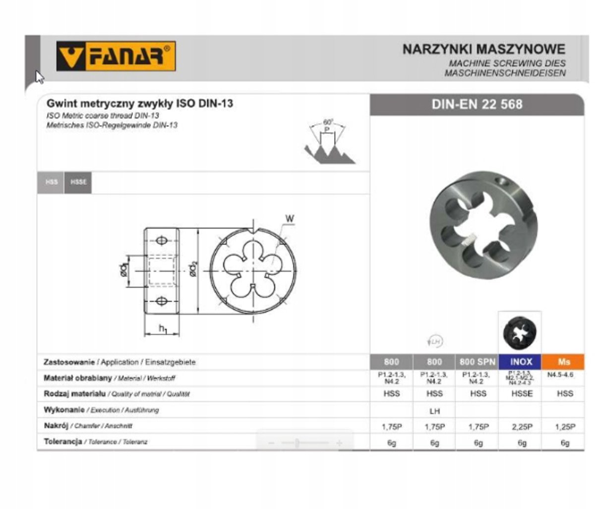Narzynka M9 DIN-22568 HSS 6g 800 SPN (Fanar)