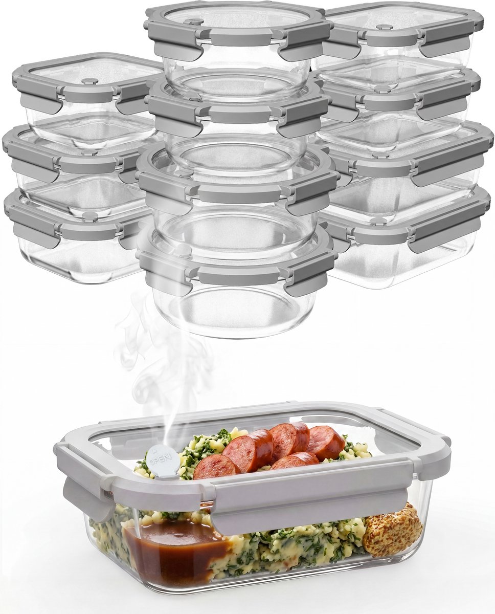 Nord Kitchen Vershoudbakjes Set van 11 - met Glazen Stoom Deksel - Meal Prep Bakjes - Diepvriesbakjes Volledig Glas - Luchtdicht - 11 Stuks - 320ML t/m 1520ML