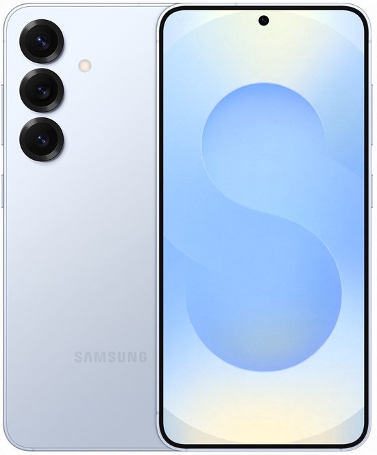 Lichtblauwe Samsung smartphone met drie camera's aan de achterzijde.