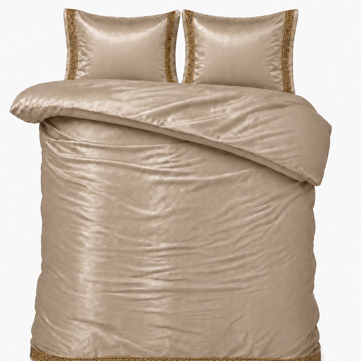 decoware Dekbedovertrek Glans Satijn - 140x220 cm - Taupe - Lace - Inclusief Kussensloop - Luxe Uitstraling