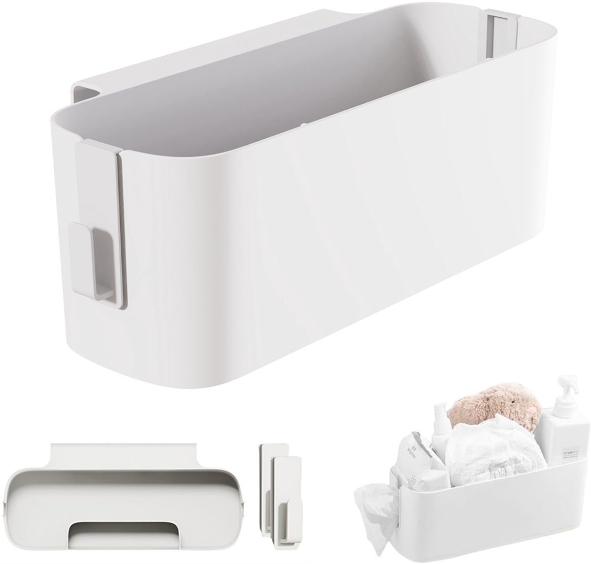 Hangmandje voor naast het bed, organizer voor babybedje met 2 afneembare haken, hangende opbergdoos voor boeken, tijdschriften, mobiele telefoon, koptelefoon ( Wit )