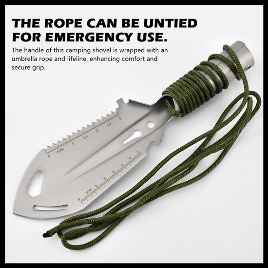 Tuinschep - Campingschep - Handschep voor buiten - RVS - 9-in-1 militaire schep - Tactische handschep - Campingaccessoires - Geschikt voor tuinieren-kamperen en strandjutten - Zilver - 26*7 cm — afbeelding 3